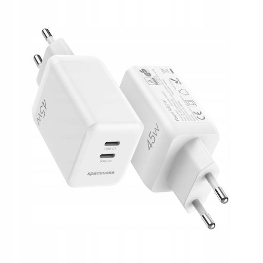 Spacecase Φορτιστής Χωρίς Καλώδιο GaN με 2 Θύρες USB-C 45W Power Delivery / Quick Charge 3.0 Λευκός (121972)