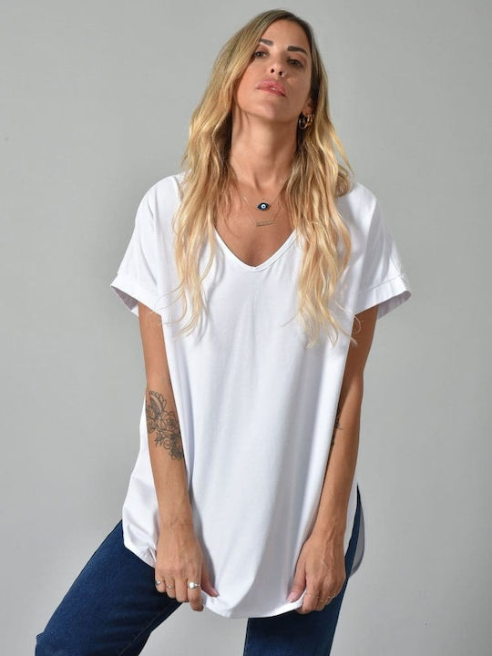 Belle Femme Women's Oversized T-shirt with V Neck White