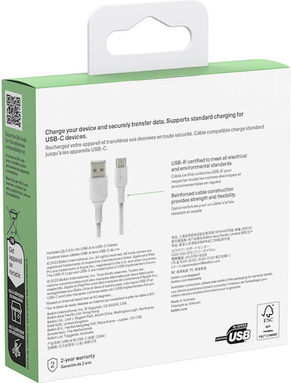 Belkin 2Pack USB 2.0 Cable USB-C male - USB-A 15W Λευκό 1m CAB001BT1MWH2PK 2τμχ