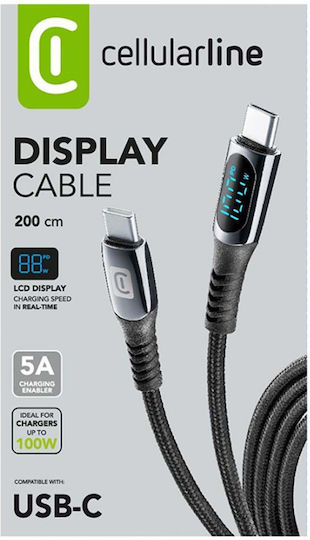Cellular Line Cablu USB 2.0 Braided USB-C Masculin - USB-C 100W PD Negru 2m USBDATADISC2CTAB2K