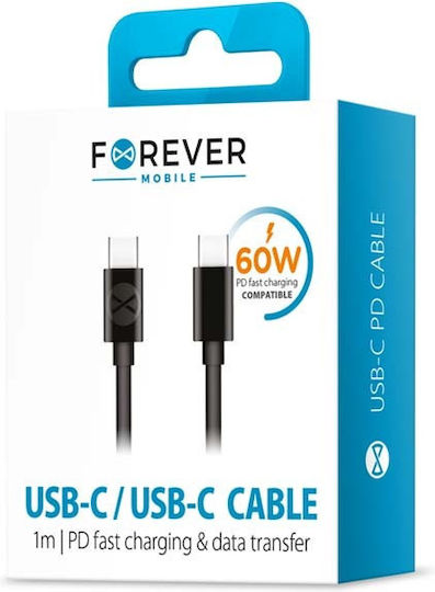 Forever USB 2.0 Cable USB-C male - USB-C 60W PD Μαύρο 1m GSM106367