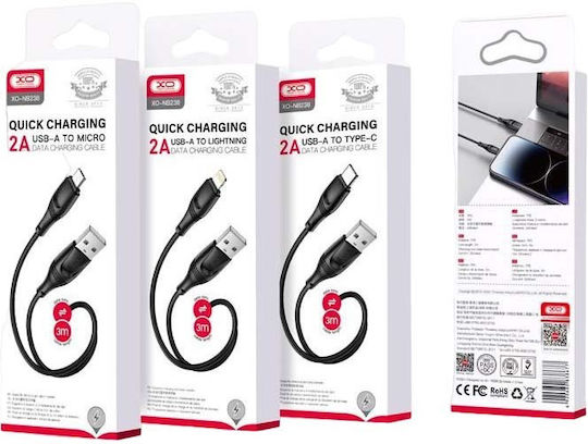 XO NB238 USB-A to Lightning Cable Μαύρο 3m (16.005.0289)