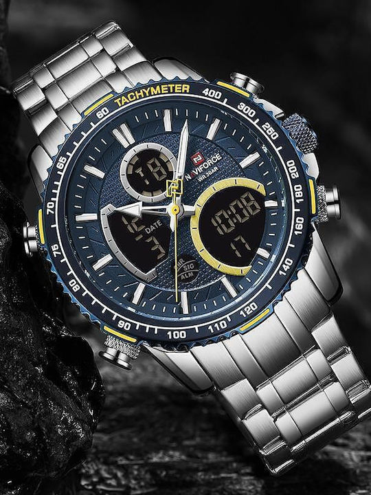 Naviforce Ceas Analogic/Digital Pentru Bărbați 46mm Cronograf Cu Baterie Cu Brățară Din Oțel Inoxidabil Argintie