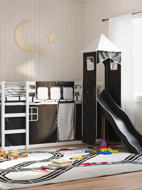 Pat pentru Copii Loft Bed Single Alb-Negru pentru Saltea 90x200cm