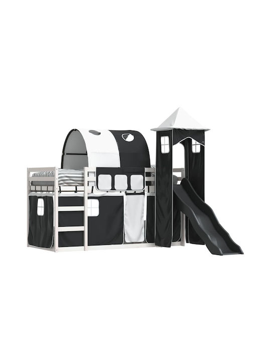 Pat pentru Copii Loft Bed Single Alb-Negru pentru Saltea 90x200cm