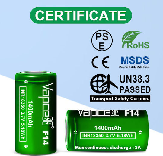 Vapcell Презареждаща батерия 18350 1400mAh 3.6V 1бр