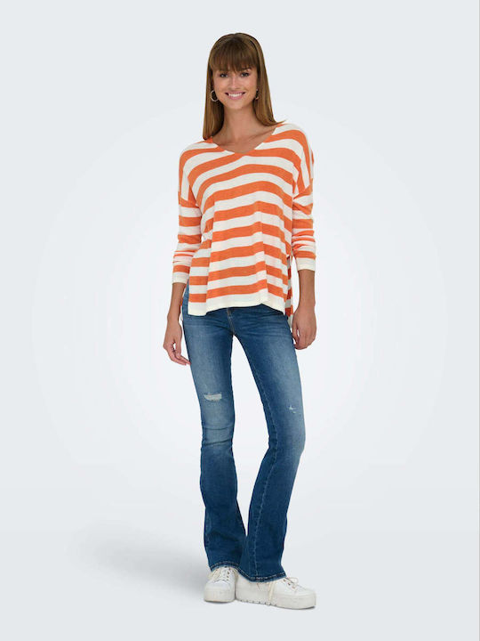 Only Damen Langarm Pullover mit V-Ausschnitt Gestreift Orange