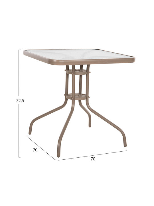 Outdoor Dinner Table with Glass Surface and Metal Frame Champagne 70x70x72cm