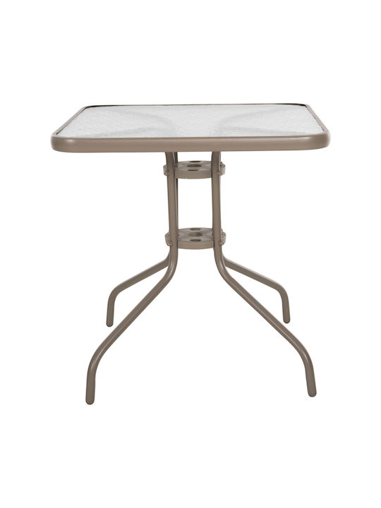 Outdoor Dinner Table with Glass Surface and Metal Frame Champagne 70x70x72cm