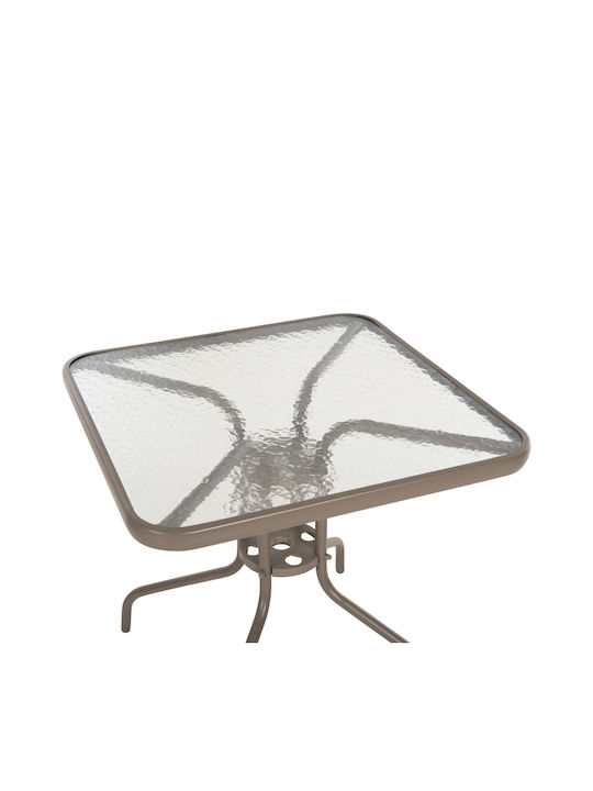 Outdoor Dinner Table with Glass Surface and Metal Frame Champagne 70x70x72cm