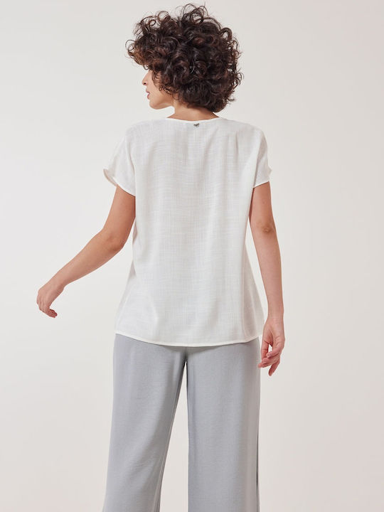 Enzzo Damen Bluse Kurzärmelig mit V-Ausschnitt White