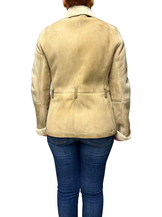 Κοντό Μουτόν Γυναικείο Μπουφάν για Χειμώνα Μπεζ