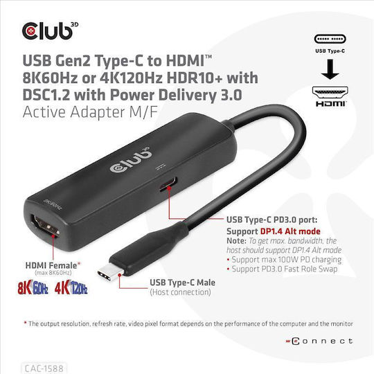 Club3D Converter USB-C male to HDMI female 1pcs CAC-1588