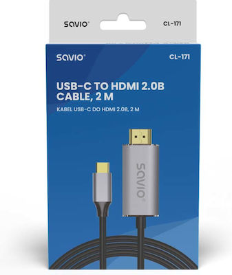 Savio CL-171 HDMI 2.0 Cablu HDMI de sex masculin - USB-C de sex masculin 2m Argint