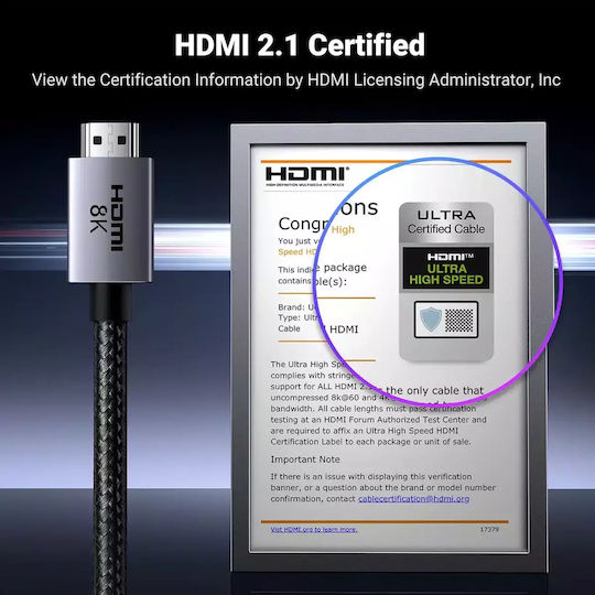 Ugreen HD171 HDMI 2.1 Ultra High Speed 48Gbps 4K 120Hz HDR VRR Cable HDMI male - HDMI male 1m Μαύρο