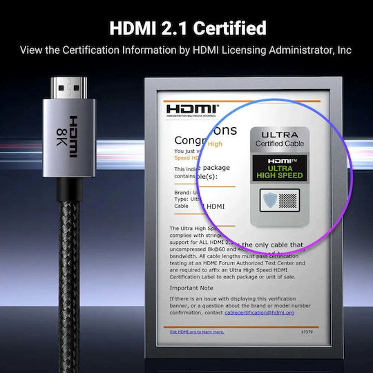 Ugreen Hd171 HDMI 2.1 Ultra High Speed 48Gbps 4K 120Hz HDR VRR Cable HDMI male - HDMI male 3m Γκρι