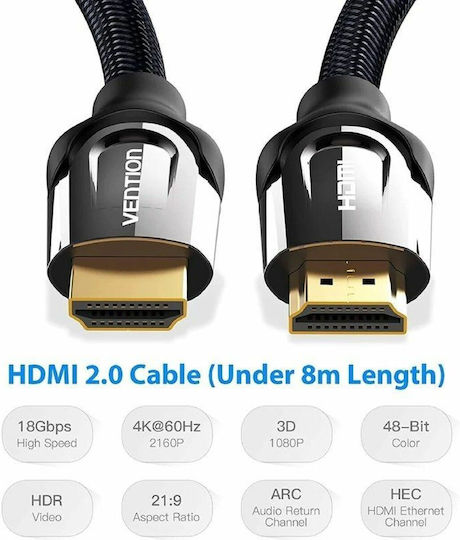 Vention Cabluri HDMI 2.0 Premium High Speed 4K 60Hz HDR Braided HDMI de Sex Masculin - HDMI de Sex Masculin 1m Negru