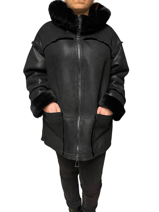 MARKOS LEATHER Women's Mouton Coat with Zipper and Hood Black