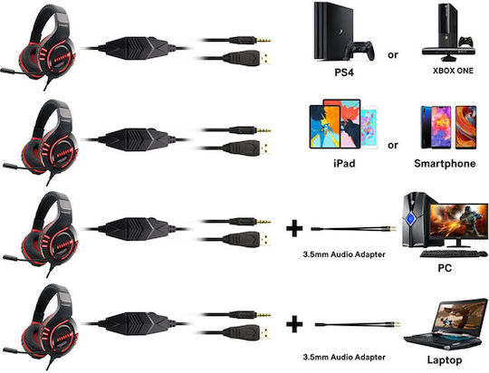Komc G325 Over Ear Gaming Headset με σύνδεση USB / 3.5mm Black/Red