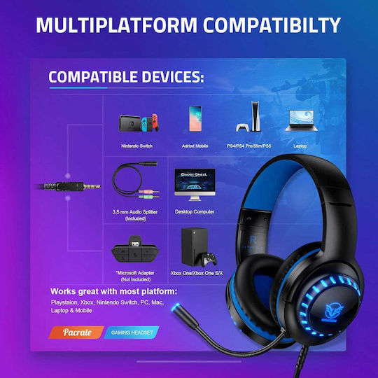 Pacrate H11G Over Ear Gaming Headset with 3.5mm / USB Connectivity Blue for Nintendo Switch / PC / PS4 / PS5 / XBOX