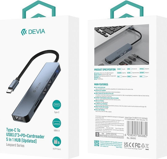 Devia USB Hub 5 Ports USB 3.1 with USB-C Connection Gray