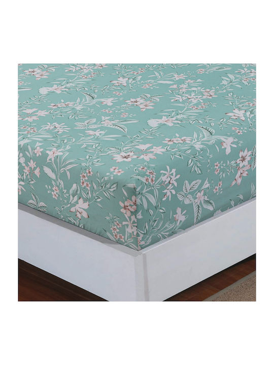 Casa Colori Sheet King Size with Elastic 180x200+30cm. Floral In Turquoise
