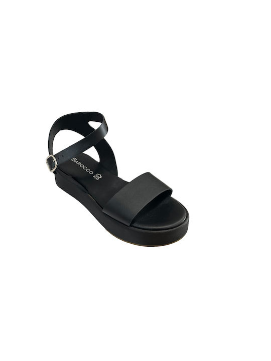 Barocco Leather Women's Flat Sandals in Black Color