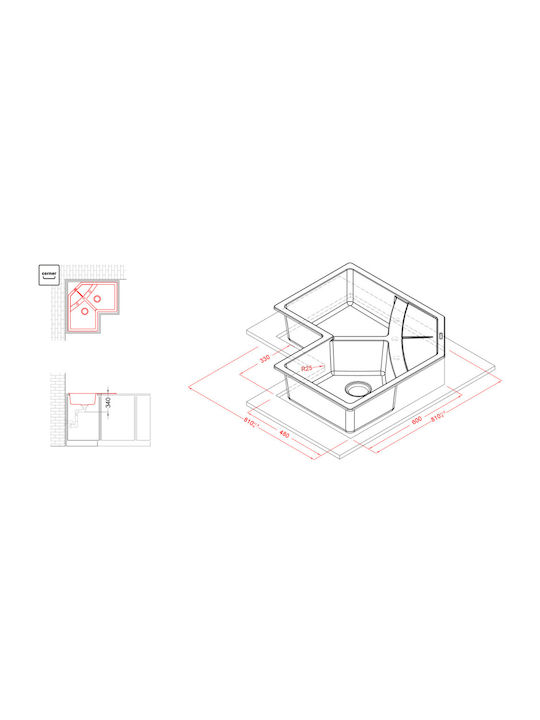 Elleci Unico LMUCOR73 Drop-In Spüle Ecke aus Verbundgranulat B83xT83cm