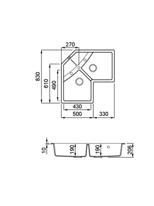 Elleci Unico LMUCOR73 Drop-In Spüle Ecke aus Verbundgranulat B83xT83cm
