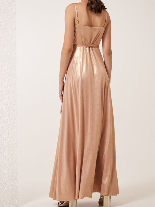 Enzzo Maxi Φόρεμα Κρουαζέ με Σκίσιμο Χρυσό