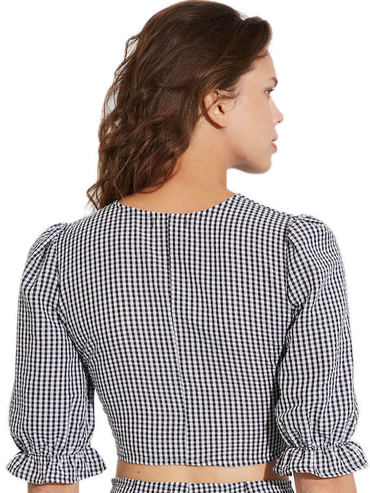 Ysabel Mora Women's Summer Blouse 3/4 Sleeves & V Neckline Checked Gray