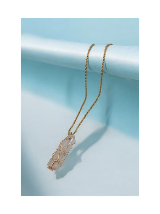 Necklace Steel Gold Woven White Crystal Wrapped Wire