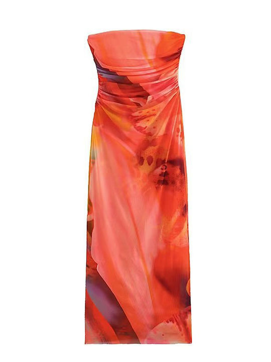 Φόρεμα Midi Strapless Σούρες Floral Πορτοκαλί Πορτοκαλί