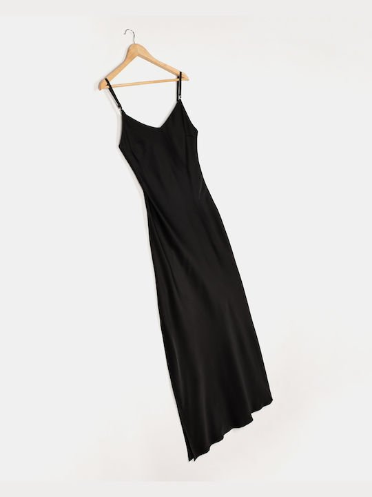 Rock Club Maxi Evening Dress Slip Dress Satin with Slit Black