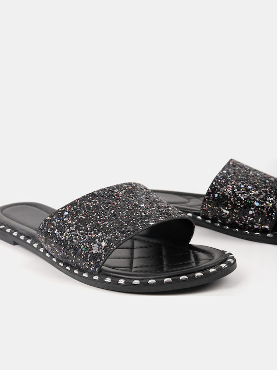 Γυναικεία Flat Παντόφλα Glitter Λεπτομέρειες Μαύρο Μαύρο