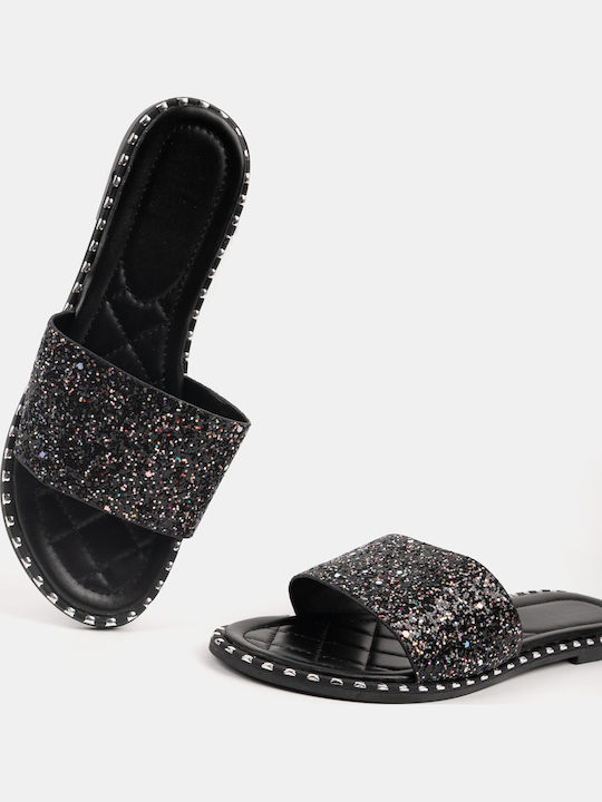 Γυναικεία Flat Παντόφλα Glitter Λεπτομέρειες Μαύρο Μαύρο