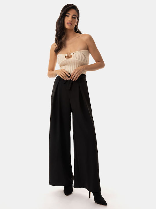 High-waisted Trousers with Pleats and Belt, Black Black