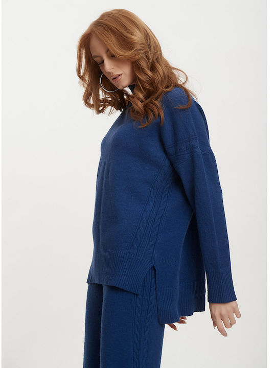 Knitted Set Trousers Blouse Turtleneck Blue