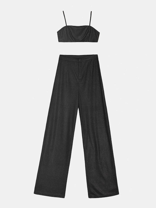 Set Top Pantaloni Efect Sclipici Negru