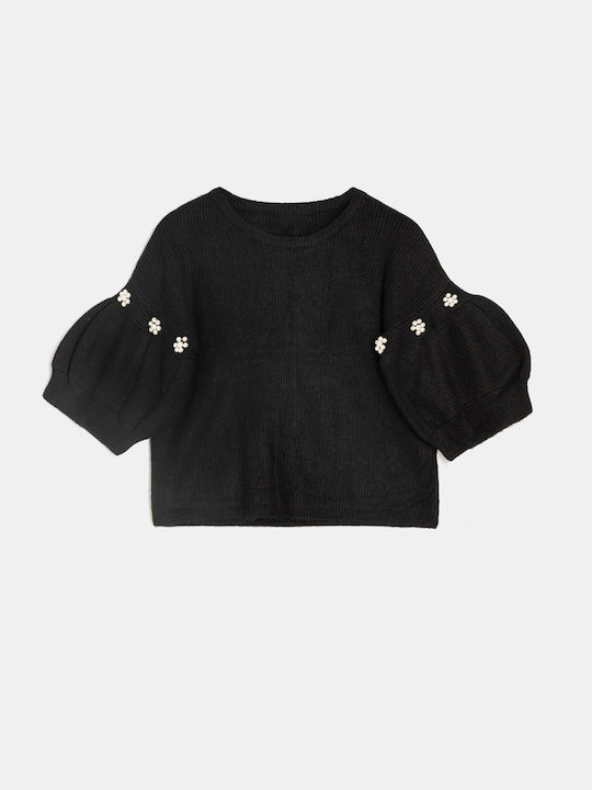 Black Short Sleeve Pearl Sweater