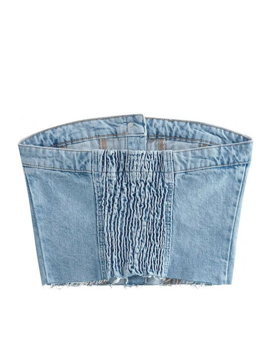 Crop Top Jean Fără Bretele Albastru Albastru