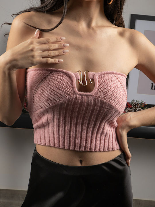 Bluze Damă Strapless Decorativ Metalic Roz