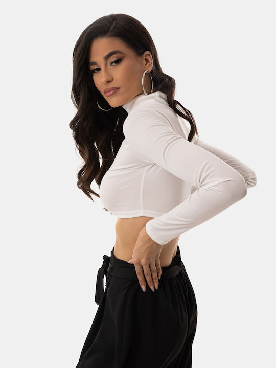 Crop Top Guler înalt Mâneci lungi Alb