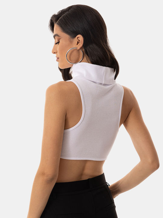 Crop Top Fără Mâneci Cu Guler Înalt Alb
