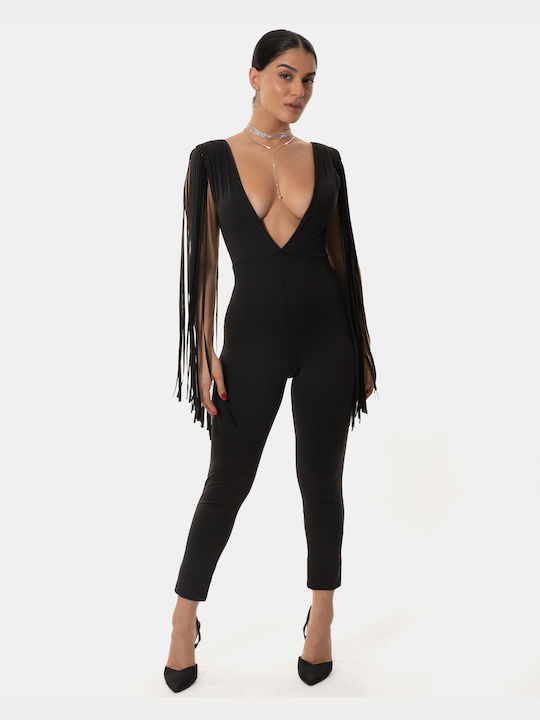 Deep V-Neck Crossed Straps Black Jumpsuit