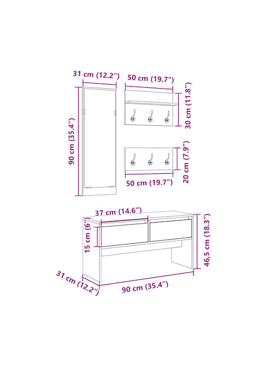 Mobilier de Intrare cu Oglindă / Cuier / Dulap pentru Pantofi & Bancă Alb 90x31x46.5cm