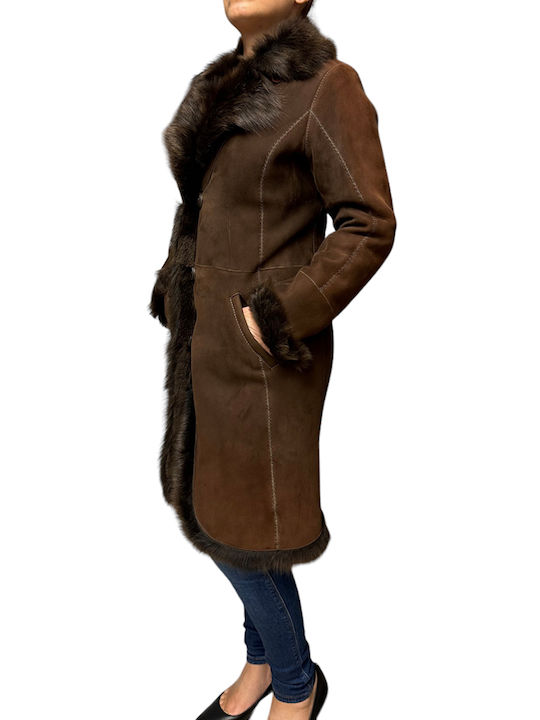 MARKOS LEATHER Women's Mouton Coat with Fur Coffee