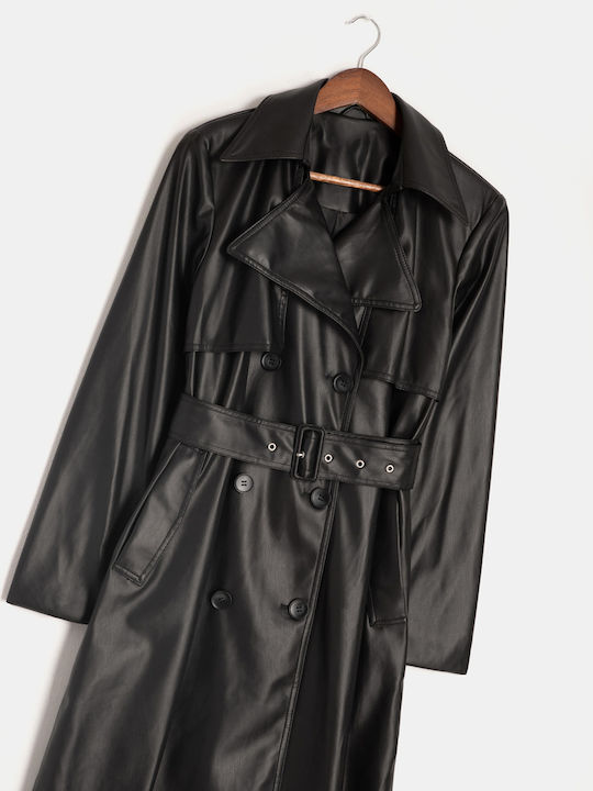 Черно дамско палто от изкуствена кожа
