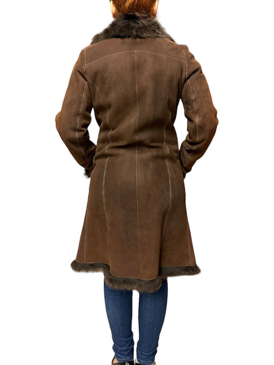 Mouton Damen Coffee Mantel mit Fellbesatz