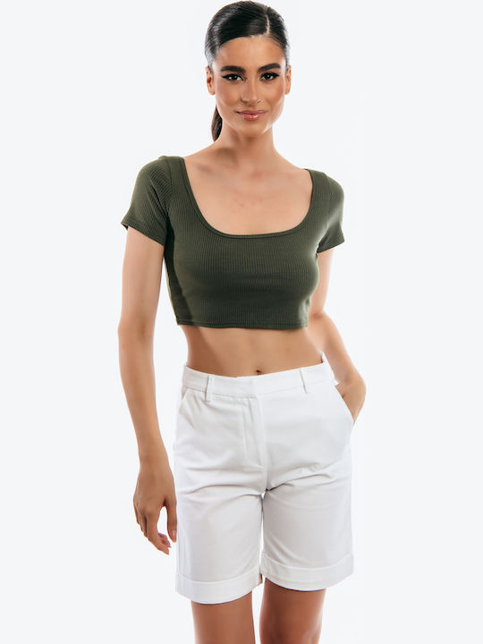 Damen Crop Top Kurzarm Haki